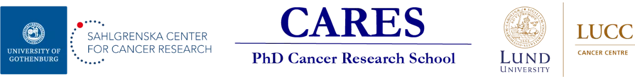 CARES logo between University of Gothenburg Sahlgrenska Centre for Cancer Research logo and Lund University Cancer Centre logo.